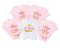 Family Matching Princess Birthday Shirts, Princess Theme Party, Birthday Girl Party T-Shirts, Birthday Girl Squad Tees, Birthday Party Crew Hi There! First of all thank you for being here and checking out our finest t-shirt designs.  We dedicated ourselves to provide the best possible service for our valuable customers. In order to provide you best service, we are using the quality materials and beautiful designs. You can always contact us for your questions or for your suggestions. We are open for your suggestions. ✔ How To order; 1-) Please, check and review all photos 2-) Choose your t-shirt size and color 3-) Click add to cart. You can go back to add more product 4-) Click "Proceed to check out" 5-) When you check out, you can add a note to seller for any request  To write something on Pink Crew Neck Top For Birthday, Pink Birthday T-shirt With Name Print, Pink T-shirt With Name Print For Birthday, Pink T-shirt For Birthday, Pink Graphic Print Top For Birthday, Pink Letter Print Top For Birthday, Pink Crew Neck T-shirt For First Birthday, Pink Text Print T-shirt For Birthday, Pink Party Shirt With Letter Print