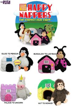 several stuffed animals and toys are shown in this advertisement