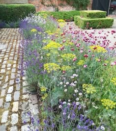 the garden is full of colorful flowers and greenery, along with brick walkways