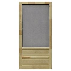 a wooden door with a screen on the front and side panels in light wood, isolated against a white background