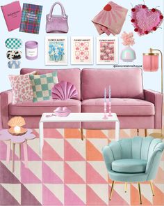 How to style a pink couch in a Danish Pastel inspired room moodboard. Style tips and abstract art Danish Pastel posters, shell pillow, funky rug, fringe lamp