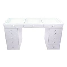 a white desk with drawers and glass top