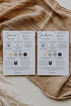 two wedding program cards on top of a brown and white blanket next to each other