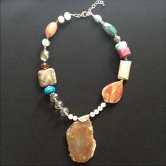 Gorgeous 18.5” Long Agate Slice Charm Is Set On Jasper Chain, Arranged With Faceted Crystal. Details In Last Photo. Bohemian Multicolor Necklace With Large Stone, Bohemian Agate Necklace With Gemstone Accents, Unique Agate Necklace With Gemstone Accents, Agate Necklaces With Gemstone Accents For Gift, Agate Necklace With Gemstone Accents As A Gift, Agate Necklace With Gemstone Accents For Gift, Elegant Multicolor Agate Necklaces, Agate Slice, Faceted Crystal