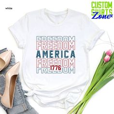 "Freedom Shirt,America Shirt,Brave Shirt,Independence Day Shirt,Memorial Day,Patriotic Tee,America The Land Of The Free Because Of The Brave Peace Love America Tshirt,4th of July Shirt,Independence Day Shirt,Memorial Day Shirt,4th of July Family Shirt,Merica Shirt,Patriotic Shirt 4th of July womens Shirt,Glitter Star Shirt,4th of July Shirt,4th of July Red White Blue Stars,patriotic shirt,Independence Day,USA Star Tee 🎁 Enjoy your shopping ! Need custom made shirts? Don't hesitate to message us! Thanks for your support! CustomShirtsZone_ Family ----- How To Order ----- 1-) Please, check and review all the photos. 2-) Choose your t-shirt size and color. *Different styles of shirts may have different shades of same color choice due to different manufacturer brands. *For this reason, we reco Patriotic Summer T-shirt With Custom Print, White Shirt With Screen Print For 4th Of July, White Tops With American Flag Print For Veterans Day, Patriotic Graphic Print Shirt For Independence Day, Summer Patriotic T-shirt With Custom Print, Patriotic White Shirt With Flag Print, Patriotic Screen Print Shirt For Summer, White Patriotic Shirt With Flag Print, Patriotic White Screen Print Tops