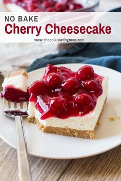 no bake cherry cheesecake on a plate with a fork