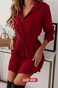 This sophisticated button-up shirt dress exudes elegance with its refined design and a cinched waist adorned with a complementing belt. The long sleeves add a touch of grace, making it a versatile and stylish choice for any occasion, seamlessly blending chic style and comfort. Long Sleeve Belted Shirt Dress For Date Night, Casual Button-up Business Dress, Fall Mini Length Belted Dress, Semi-formal Belted Shirt Dress For Fall, Belted Shirt Dress For Semi-formal Fall Occasions, Long Sleeve Belted Shirt Dress For Business, Belted Long Sleeve Shirt Dress For Business, Long Sleeve Shirt Dress With Tie Waist For Office, Long Sleeve Belted Dress For Date Night In Fall