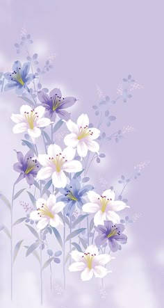 a painting of white and blue flowers on a purple background