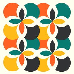 an art print with circles and leaves in orange, green, yellow and black colors