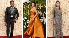 three pictures of people in formal wear at the golden globe awards