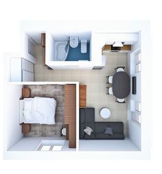 an overhead view of a bedroom and living room in a small apartment with one bed