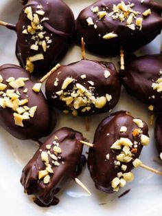 chocolate covered donuts with nuts on a white plate and wooden skewers in the background