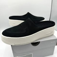 Nike | Shoes | Nwt Nike Air Force Lover Xx Black Suede Leather Slip On Mule Platform Sneakers | Poshmark Slip On Mules, Platform Sneaker, Platform Sneakers, Shoes Nike, Sleek Look, 7 And 7, Leather Slip Ons, Nike Black