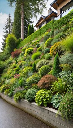 a hillside with lots of plants and trees on the side of it in front of a house