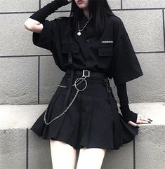 This harajuku black oversized short sleeve button up shirt features a comfortable fit and soft fabric. with its oversized design, this unique shirt is perfect for any occasion. Grunge Outfits Black, Two Piece Set Skirt, Celana Jogger Wanita, Black Pleated Skirt, Top Shirt Women, Tshirt Skirt, Mode Inspo, Edgy Outfits, Streetwear Women