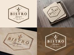 four different logos for bistro lounges and restaurantes, including one with a wooden box