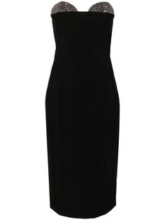 black cady texture bodycon design sequin detailing sweetheart neck two adjustable detachable shoulder straps concealed rear zip fastening fitted waistline central rear vent straight hem mid-length full lining rubber grips Fatale Aesthetic, Bodycon Design, Strapless Sweetheart Neckline, Midi Dress Black, Strapless Midi Dress, City Dress, Summer Beach Wear, Sweetheart Neck, Black Midi Dress