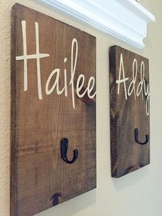 two wooden signs hanging on the wall with hooks and letters that read,'haffe today '