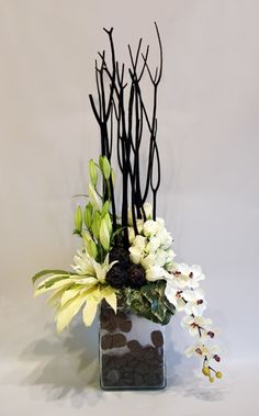 a vase filled with white flowers and black stems