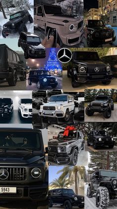 a collage of different cars and trucks all in black and white, with the words mercedes written on them