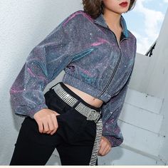 FREE SHIPPING Sequin Metallic Women Sweatshirt Zipper Crop Tops JKP3464 Spacecore Aesthetic Outfit, Spacecore Aesthetic, Oversize Turtleneck, Tops Korean, Glitter Shorts, Ladies Short Jackets, Burning Man Outfits, Women Sweatshirt, Sweatshirt Zipper