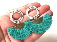 "Love these colorful and lightweight tassel earrings! You will get so many compliments on them! The silver toned earrings have turquoise thread tassels that dangle from a silver hoop. Nickel free metal. You can choose solid sterling hooks or silver plated hooks. They dangle about 2\" (50 mm) long. Only one pair is available...will you be the one to wear them?" Turquoise Fringe Tassel Drop Earrings, Turquoise Fringe Earrings For Summer, Turquoise Fringe Earrings As Gift, Thread Tassels, Silver Earrings Dangle, Earrings Dangle, Silver Hoops, Tassel Earrings, Statement Jewelry