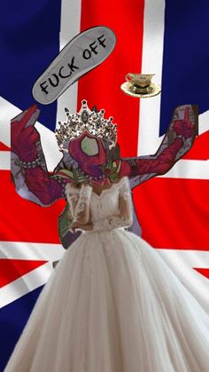 a woman in a wedding dress with a crown on her head and the british flag behind her