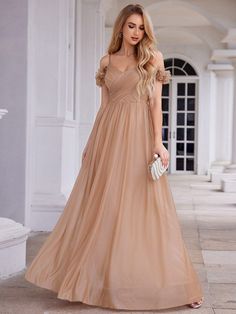 Sparkling V-Neck Floral Cold-Shoulder Evening Dress with Pleated #color_Rose Gold Rose Gold Prom Dress, Rose Gold Bridesmaid Dress, A Line Evening Dress, Blooming Garden, Sleeveless Bridesmaid Dresses, Floor Length Chiffon Bridesmaid Dresses, Sequin Dresses, Prom Dresses Sleeveless, Womens Prom Dresses