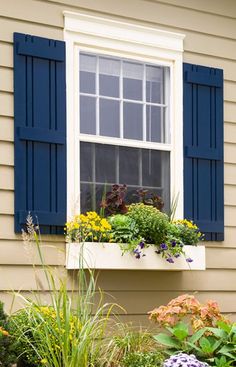 a window with blue shutters and flowers in the windowsill, next to some plants