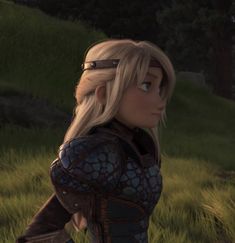 an animated image of a woman with blonde hair and blue eyes standing in the grass