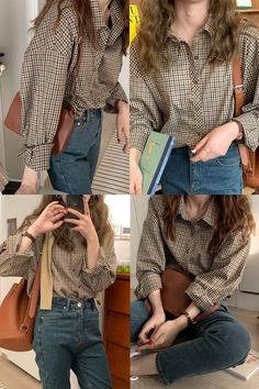 DARK ACADEMIA RETRO SHIRT Casual Brown Office Blouse, Casual Brown Blouse For Office, Casual Office Shirt For Fall, Casual Brown Office Top, Casual Brown Top For Office, Casual Brown Office Shirt, Plaid Long Sleeve Blouse For Office, Dark Academia Cotton Top For Fall, Plaid Button-up Office Tops