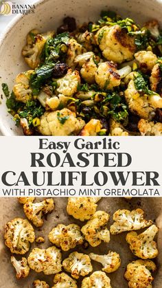 roasted cauliflower with pistachio mint gremolata in a white bowl