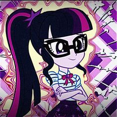 a cartoon girl with glasses and long hair standing in front of a purple wallpaper