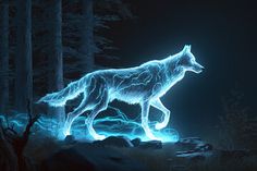 a glowing wolf in the woods at night with blue lights on it's body