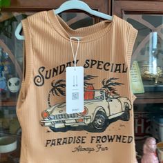 Romwe Nwt Top A2 Brown Letter Print Top For Summer, Summer Brown Crew Neck Tank Top, Trendy Printed Beige Tops, Trendy Beige Printed Tops, Brown Crew Neck Tank Top For Summer, Beige Sleeveless Top With Graphic Print, Black Crop Top Tank, Butterfly Top, Paradise Found