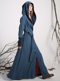 Chaqueta larga chaqueta de lino azul mujer chaqueta (1139) Long Coat Dress, Linen Jackets Women, Trench Coat Fall, Linen Coat, Classic Trench Coat, Mode Boho, Blue Coat, Maxi Coat, Women Jacket