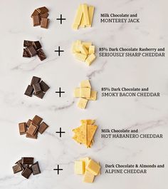 different types of chocolates on a white marble counter top with information about the ingredients