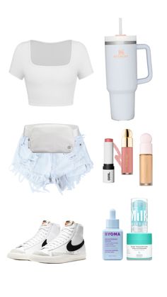 the contents of a woman's white outfit including sneakers, coffee cup and makeup