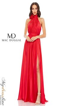 Make a grand entrance in the exquisite Mac Duggal 49333 evening dress. Crafted from luxurious chiffon, this captivating gown is designed to turn heads. With its halter neckline and feminine turtle neckline, it effortlessly exudes elegance and charm. The A-line silhouette beautifully enhances your figure, while the ruffled, high-slit skirt adds a touch of drama. The low back adds a modern twist to this romantic masterpiece. Perfect for special occasions, this dress is a must-have addition to your Mac Duggal Dress, Cherry Dress, Halter Gown, Chiffon Evening Dresses, Chiffon Fashion, Ruched Bodice, Chiffon Gown, Mac Duggal, Chiffon Prom Dress