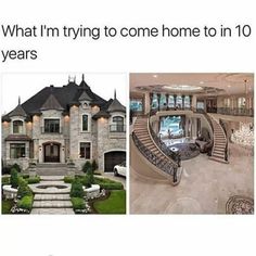 two pictures one with stairs and the other has a large house