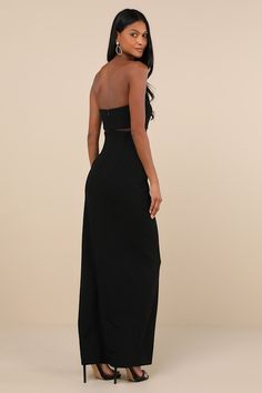 Prepare for countless admiring glances when you're wearing the Lulus Enticing Silhouette Black Mesh Strapless Maxi Dress! This alluring dress has a stretchy crepe knit fabrication that shapes a strapless bodice with a straight neckline, hidden no-slip strips, and supportive boning at the sides. A sheer mesh panel accents the high, fitted waist, all atop a column skirt with an elegant maxi hem. Hidden back zipper/clasp. Fit: This garment fits true to size. Length: Floor length. Size medium measur Elegant Elastane Backless Party Dress, Elegant Elastane Backless Dress For Party, Fitted Floor-length Halter Evening Dress, Fitted Floor-length Halter Dress For Evening, Elegant Strapless Elastane Dress For Date Night, Elegant Elastane Strapless Dress For Date Night, Elegant Backless Elastane Evening Dress, Bodycon Strapless Elastane Dress For Party, Fitted Floor-length Halter Dress For Cocktail