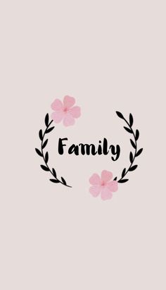 the word family written in black and pink flowers on a light gray background with an oval frame