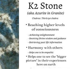 "PLEASE L👀K AND FOLLOW OUR STORE and OUR OTHER GREAT PRODUCTS FOR YOUR WELL BEING! Buy More and SAVE 💰 and Get FREE GIFTS 🎁 RLA65/1.75 EB36 🌏K-2, also known as \"K-2 Granite\" and \"Raindrop Azurite\", is a unique stone found only in the snowy peaks of the second highest mountain in the world, K-2. 🌍These mountains border China and Pakistan, with the stone itself only found on the Pakistan side to date. This crystal is extremely rare and has a mining process unlike any other stone. The heav K2 Stone, Crystal Magic, Crystal Meanings, Stone Crystal