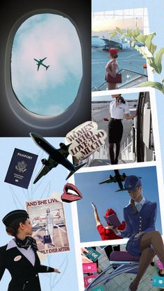 the collage shows an airplane and some people in uniform, with pictures on them