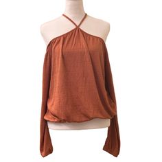 American Rag Cie Orange Blouse Top Cold Shoulder Keyhole Neck Strap Size Large Y Neck Strap With Button Closure In Back. Comes With An Extra Button. Long Sleeve. Stretchy Bottom Hem And Sleeve. Burnt Orange Sunburn Color. Brand New With Tags! 64% Polyester 34% Rayon 2% Spandex Machine Washable Approximate Measurements Chest: 48" Waist: 44" Hips: 32" Length: 23" Sleeve Length: 20" All Orders Are Shipped Same Or Next Business Day Depending On When The Order Was Placed. Versatile Tops For Fall Brunch, Brown Off-shoulder Top For Spring, Brown Long Sleeve Tops For Brunch, Brown Long Sleeve Top For Vacation, Versatile Solid Tops For Vacation, Versatile Solid Color Tops For Vacation, Versatile Tops For Vacation, Versatile Blouse For Brunch, Solid Top For Fall Vacation