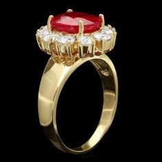 For Sale on 1stDibs - 4.60 Carats Impressive Red Ruby and Natural Diamond 14K Yellow Gold Ring Total Red Ruby Weight is: Approx. 3.40 Carats Ruby Measures: Approx. 10.00 x 8.00mm Luxury Red Sapphire Ring With Center Stone, Anniversary Red Cluster Ring Stamped 14k, Luxury Red Sapphire Ring, Red Round Cluster Ring For Formal Occasions, Red Diamond Cluster Ring Stamped 14k, Luxury Red Ruby Cluster Ring, Red 14k Stamped Cluster Ring, Classic Red Diamond Ring With Halo Setting, Classic Red Cluster Ring With Halo Setting