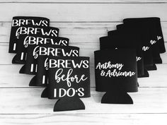 black and white photo of beer koozies with the names of different beers on them