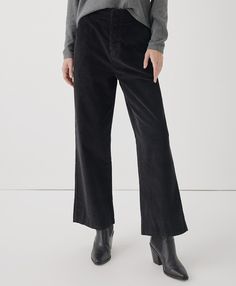 Women's Black Modern Corduroy Wide Leg Pant 2XL. Super soft organic women's Modern Corduroy Wide Leg Pant from Wear PACT. Fair Trade Factory. GOTS Certified Organic Cotton High-waist Black Corduroy Pants, High Waist Black Corduroy Pants, Casual Velvet Winter Bottoms, Casual Velvet Bottoms For Winter, Casual Winter Velvet Bottoms, Black Corduroy Bottoms For Fall, Black Wide Leg Corduroy Pants, Black Corduroy Straight Leg Bottoms, Black Relaxed Fit Corduroy Pants