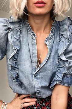 Sky Blue Ruffle Trim Half Sleeve Denim Shirt Estilo Hippie, Denim Ideas, Denim Day, Fashion Attire, Puff Sleeve Blouse, Trend Fashion, Denim Top, Half Sleeve, Ruffle Trim