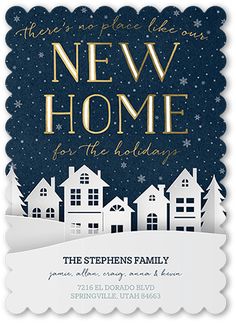 the new home for the holiday card is shown in gold and blue with snowflakes